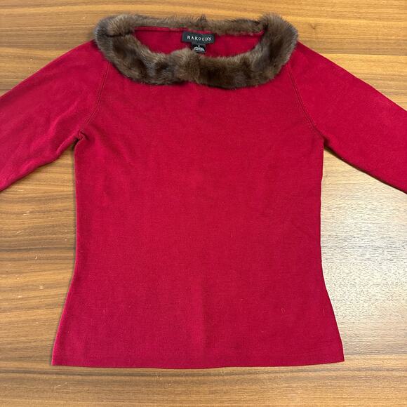 Harold's Vintage Red Silk Faux Fur Sweater, Holiday, Grannycore, Medium - Picture 1 of 6